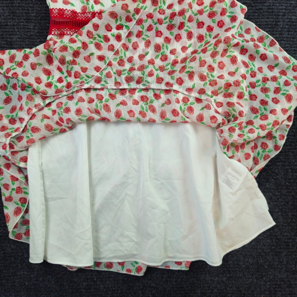 DONNA MORGAN Sleeveless Fit Flare Dress Size 8 Rose Print Ruffled Lace White Red - Picture 7 of 10